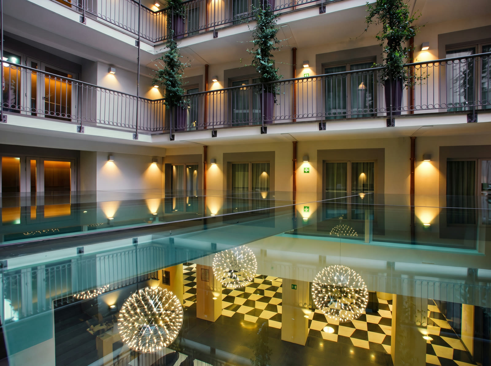 Hotel atrium with the glass roof