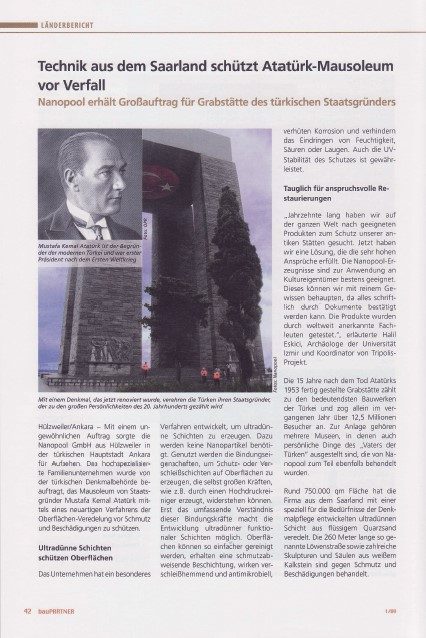 bauPARTNER 01/2009: تقنية من سارلاند تحمي ضريح Atatürk من التدهور
