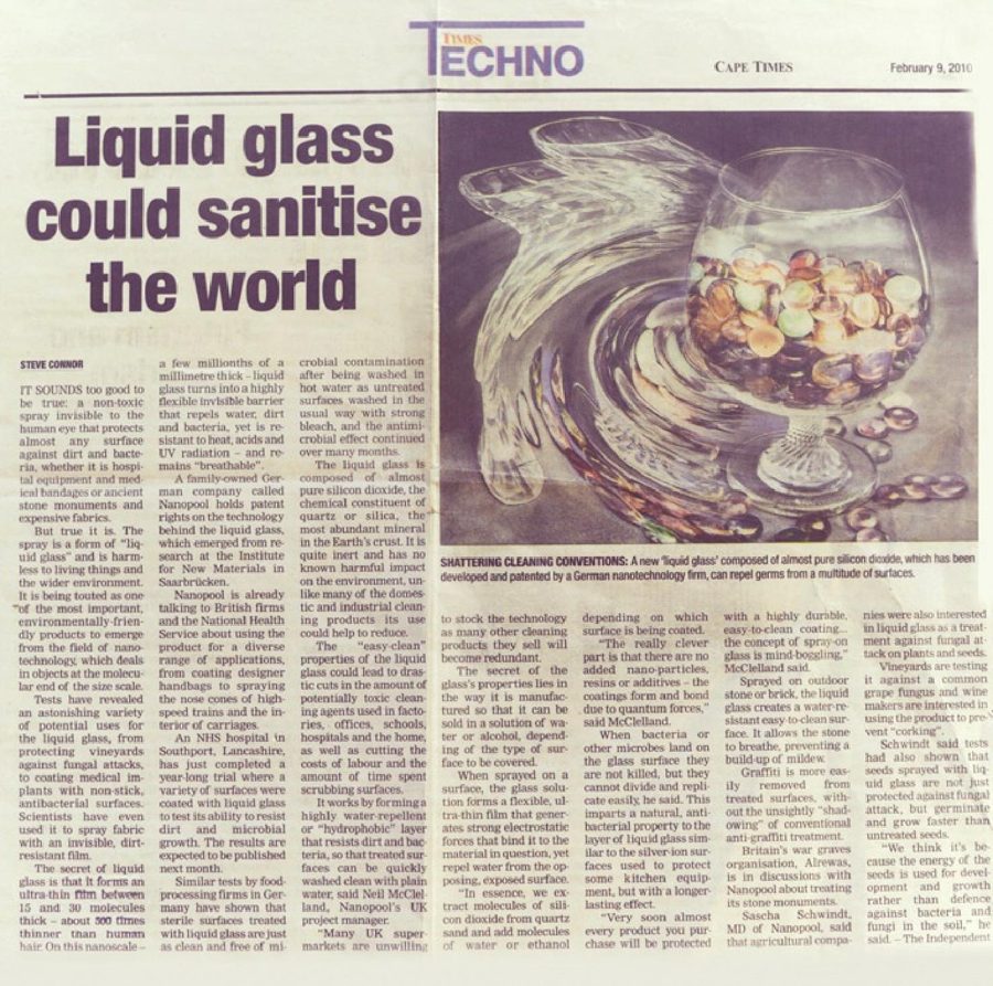 Cape Times 02/2010: Il vetro liquido potrebbe igienizzare il mondo